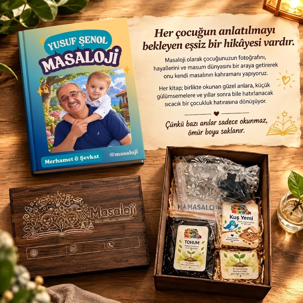 Masaloji kişiselleştirilmiş masal kitabı ve anı kutusu içeriği